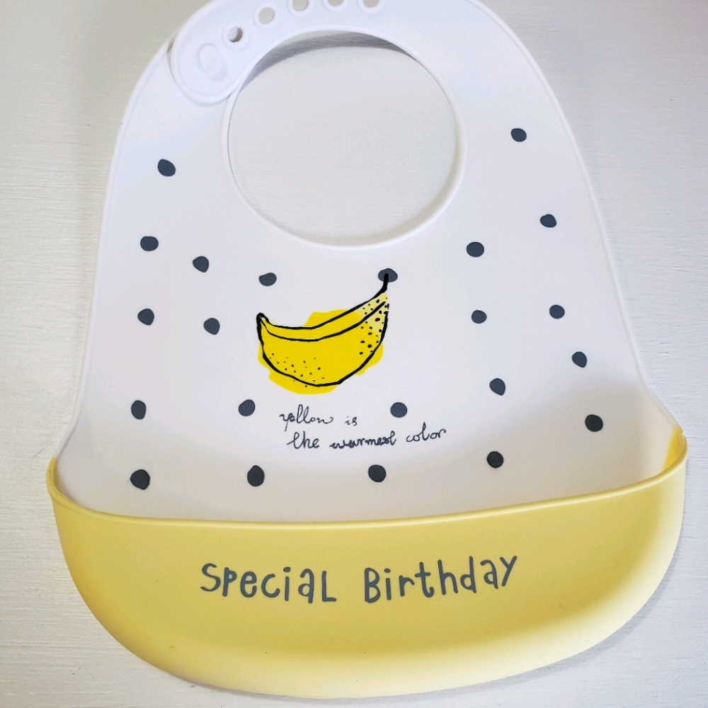 Silicone baby birthday bib yellow and white